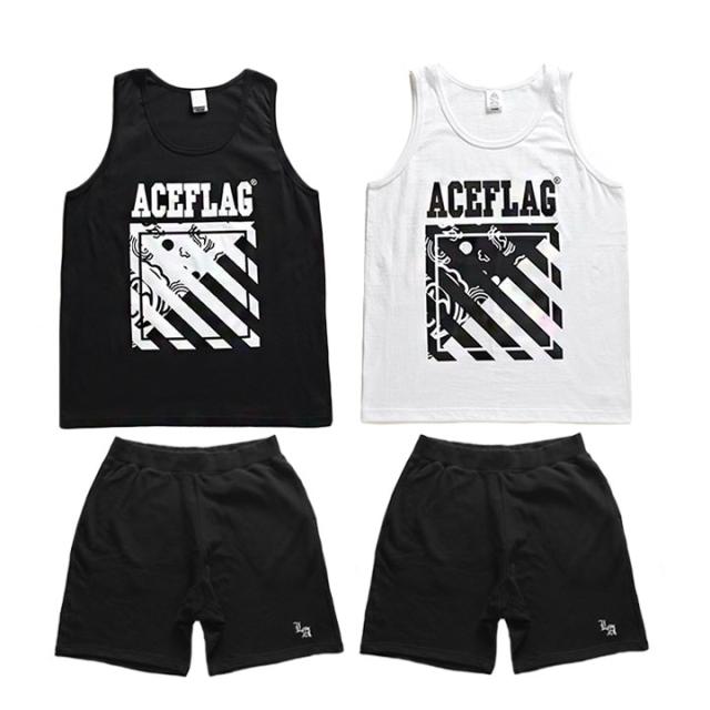 ACE FLAG 上下セット ブランド ノースリーブ Tシャツ タンクトップ ハーフパンツ メンズ 春夏用 黒 白 大きいサイズ エースフラッグ セットアップ ペイズリー柄 バイアス柄 ビッグシルエット b系 ヒップホップ ストリート系 ハイ 新作 AF-SE-TK-041