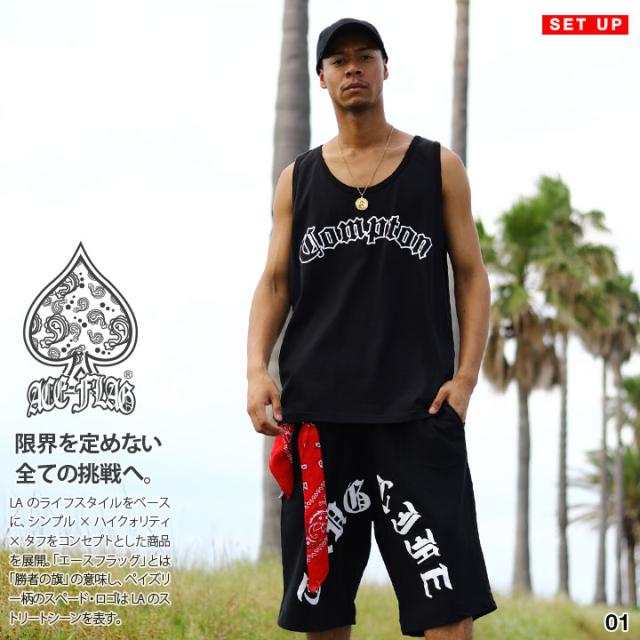 ACE FLAG 上下セット 半袖 ブランド Tシャツ ハーフパンツ メンズ 春夏用 黒 白 大きいサイズ エースフラッグ セットアップ Compton コンプトン THUG LIFE サグライフ 2Pac ビッグシルエット b系 ヒップホップ ストリート系 ハイ 新作 AF-SE-TK-049
