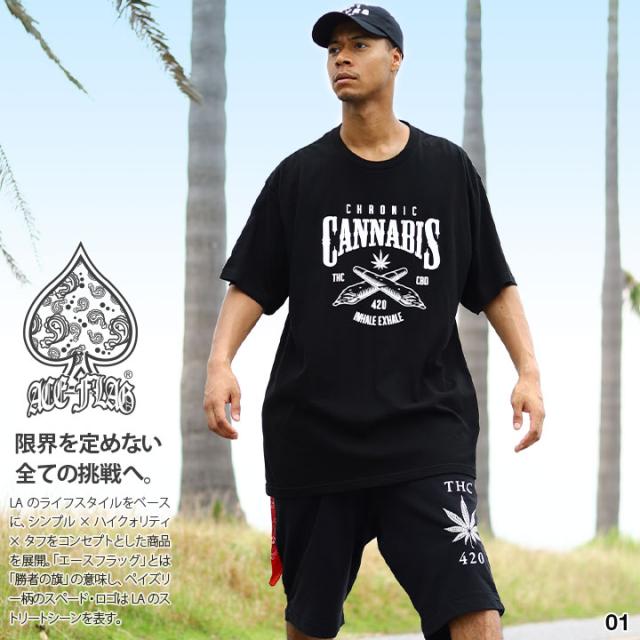 ACE FLAG 上下セット 半袖 ブランド Tシャツ ハーフパンツ メンズ 春夏用 全3色 大きいサイズ エースフラッグ セットアップ バッズ 大麻 マリファナ ヘンプ ロゴ ビッグシルエット b系 ヒップホップ ストリート系 ハイ 新作 AF-SE-TS-177