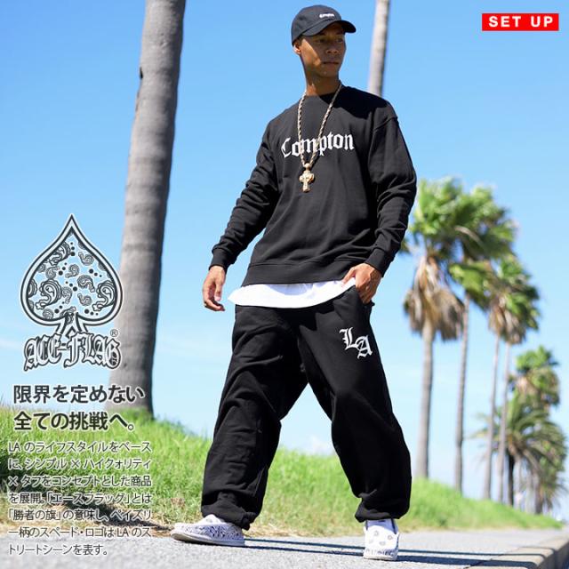 ACE FLAG 上下セット 長袖 ブランド メンズ 春秋冬用 黒 大きいサイズ エースフラッグ セットアップ トレーナー スウェット スウェットパンツ Compton コンプトン ビッグシルエット b系 ヒップホップ ファッション ダンス ストリート系 ハイ 新作 AF-SE-SW-077