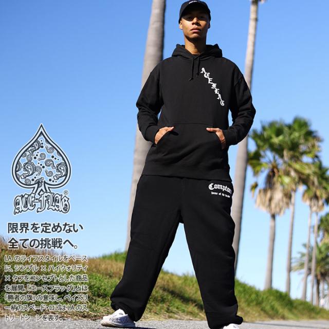 ACE FLAG 上下セット 長袖 ブランド メンズ 春秋冬用 黒 大きいサイズ エースフラッグ セットアップ パーカー フーディ スウェット 裏パイル スウェットパンツ Compton コンプトン CS ビッグシルエット b系 ヒップホップ ストリート系 ハイ 新作 AF-SE-PA-098