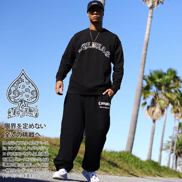 ACE FLAG 上下セット 長袖 ブランド メンズ 黒 大きいサイズ エースフラッグ セットアップ トレーナー スウェットパンツ Compton コンプトン オールド文字 アーチロゴ バロック ビッグシルエット ヒップホップ ストリート系 AF-SE-SW-101