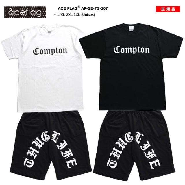 ACE FLAG 上下セット 半袖 ブランド Tシャツ ハーフパンツ メンズ 春夏用 白 黒 大きいサイズ エースフラッグ セットアップ ショートパンツ Compton コンプトン ビッグシルエット b系 ヒップホップ ファッション ストリート系 ハイ 2025 新作 AF-SE-TS-207