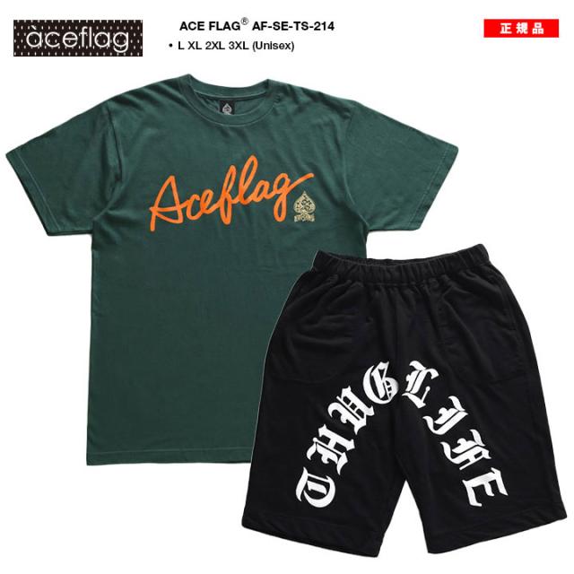 ACE FLAG 上下セット 半袖 ブランド Tシャツ ハーフパンツ メンズ 春夏用 緑 大きいサイズ エースフラッグ セットアップ ショートパンツ スクリプト 筆記体 スペード ペイズリー柄 ビッグシルエット b系 ヒップホップ ファッション ストリート系 2025 新作 AF-SE-TS-214