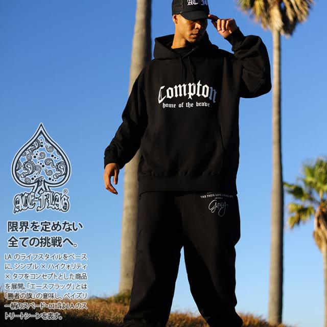 ACE FLAG 上下セット 長袖 ブランド メンズ 黒 大きいサイズ エースフラッグ セットアップ パーカー フーディ スウェット 裏パイル スウェットパンツ Compton コンプトン ビッグシルエット ヒップホップ ファッション ストリート系 AF-SE-PA-108
