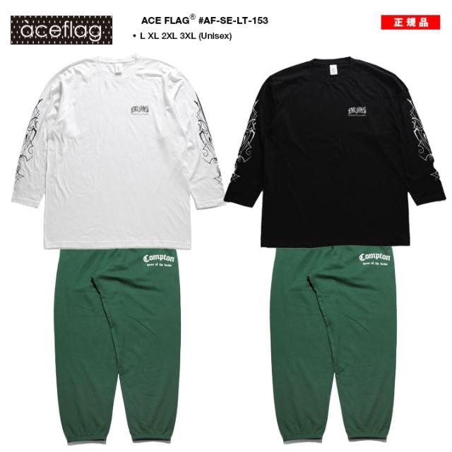 上下セット【48%OFF】ACE FLAG 長袖 ブランド スケボー メンズ 春秋冬用 白 黒 大きいサイズ エースフラッグ セットアップ ロンT スウェットパンツ ピンストライプ 装飾アート ビッグシルエット 深緑 アメ車 b系 ヒップホップ ファッション ストリート系 AF-SE-LT-153