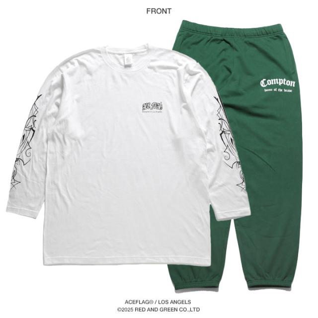 上下セット【48%OFF】ACE FLAG 長袖 ブランド スケボー メンズ 春秋冬用 白 黒 大きいサイズ エースフラッグ セットアップ ロンT スウェットパンツ ピンストライプ 装飾アート ビッグシルエット 深緑 アメ車 b系 ヒップホップ ファッション ストリート系 AF-SE-LT-153