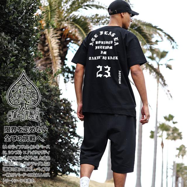 ACEFLAG 上下セット 半袖 ブランド Tシャツ ハーフパンツ 上下 メンズ 黒 大きいサイズ エースフラッグ セットアップ ゆったり スウェット ナンバー 23 Pablo パブロ 英字 b系 ヒップホップ 夏 新作 AF-SE-TS-005