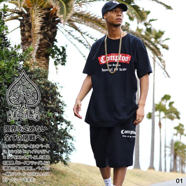 ACEFLAG 上下セット 半袖 ブランド Tシャツ ハーフパンツ 上下 メンズ 春夏用 黒/グレー 大きいサイズ エースフラッグ セットアップ ペイズリー柄 Compton コンプトン ロゴ b系 ヒップホップ 夏 新作 AF-SE-TS-007