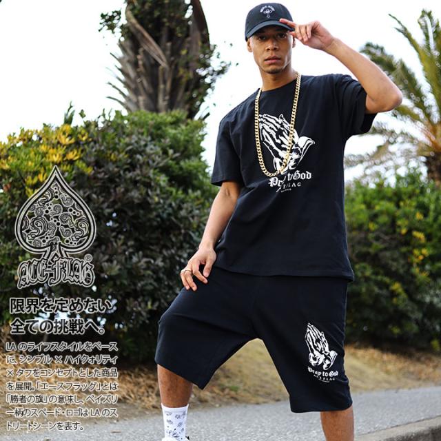 ACEFLAG 上下セット 半袖 ブランド Tシャツ ハーフパンツ 上下 メンズ 春夏用 黒 大きいサイズ エースフラッグ セットアップ ゆったり 神 プレイングハンズ 祈る手 b系 ヒップホップ ファッション 新作 AF-SE-TS-009
