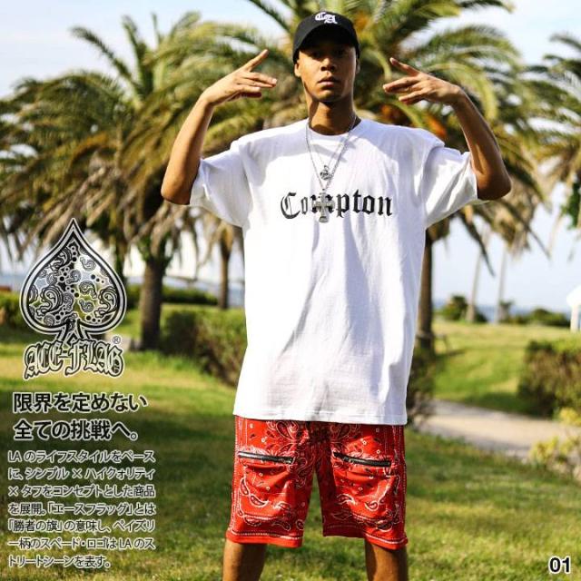 ACEFLAG 上下セット 半袖 ブランド Tシャツ ハーフパンツ 上下 メンズ 白 黒 大きいサイズ エースフラッグ セットアップ Compton コンプトン ペイズリー柄 b系 ヒップホップ ファッション AF-SE-TS-022の通販は