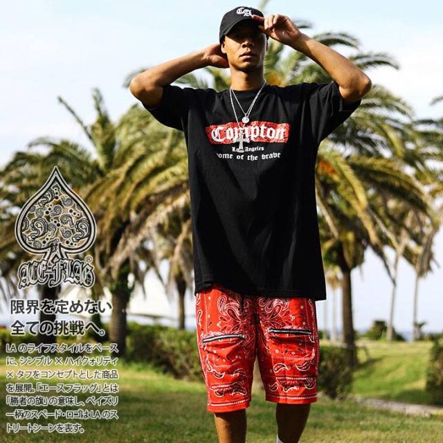 ACEFLAG 上下セット 半袖 ブランド Tシャツ ハーフパンツ 上下 メンズ 春夏用 黒 大きいサイズ エースフラッグ セットアップ Compton ペイズリー柄 b系 ヒップホップ ファッション AF-SE-TS-023の通販は