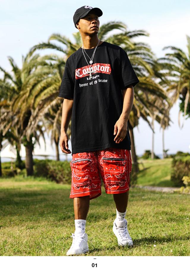 ACEFLAG 上下セット 半袖 ブランド Tシャツ ハーフパンツ 上下 メンズ 春夏用 黒 大きいサイズ エースフラッグ セットアップ Compton ペイズリー柄 b系 ヒップホップ ファッション AF-SE-TS-023の通販は