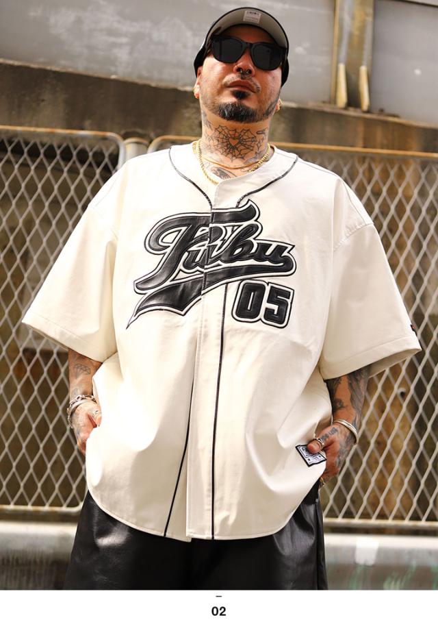 FUBU ベースボールシャツ 半袖 レザー 野球 ゲームシャツ ボタン