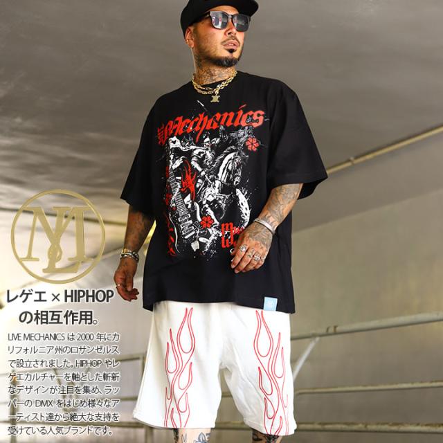 LIVE MECHANICS 上下セット 半袖 Tシャツ ハーフパンツ メンズ 春夏用 黒 大きいサイズ ライブメカニクス セットアップ スウェット ショートパンツ 派手 黒シブ 騎士 ビッグシルエット b系 ヒップホップ ファッション ストリート系 ハイ 2025夏 新作 LMSUMT121-WES3
