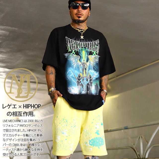 LIVE MECHANICS 上下セット 半袖 Tシャツ ハーフパンツ メンズ 春夏用 全2色 大きいサイズ ライブメカニクス セットアップ ショートパンツ 派手 スーパーロボット 翼 ビッグシルエット b系 ヒップホップ ファッション ストリート系 ハイ 2025夏 新作 LMSUMT119-WES4