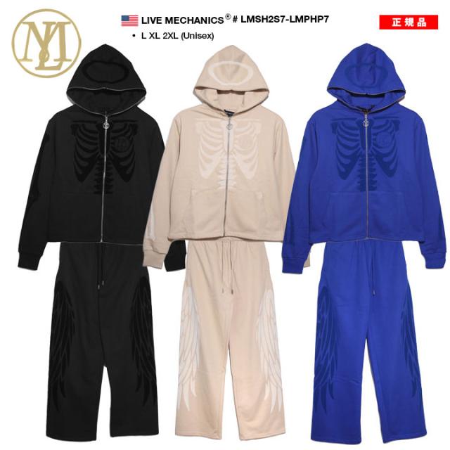 【20%OFF】LIVE MECHANICS 上下セット フレアパンツ 長袖 ブランド メンズ 春秋冬用 全3色 大きいサイズ ライブメカニクス セットアップ パーカー ショート丈 スウェットパンツ レントゲン 翼 羽 ビッグシルエット b系 ヒップホップ ストリート系 LMSH2S7-LMPHP7_2