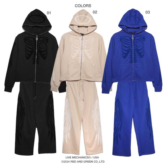 【20%OFF】LIVE MECHANICS 上下セット フレアパンツ 長袖 ブランド メンズ 春秋冬用 全3色 大きいサイズ ライブメカニクス セットアップ パーカー ショート丈 スウェットパンツ レントゲン 翼 羽 ビッグシルエット b系 ヒップホップ ストリート系 LMSH2S7-LMPHP7_8