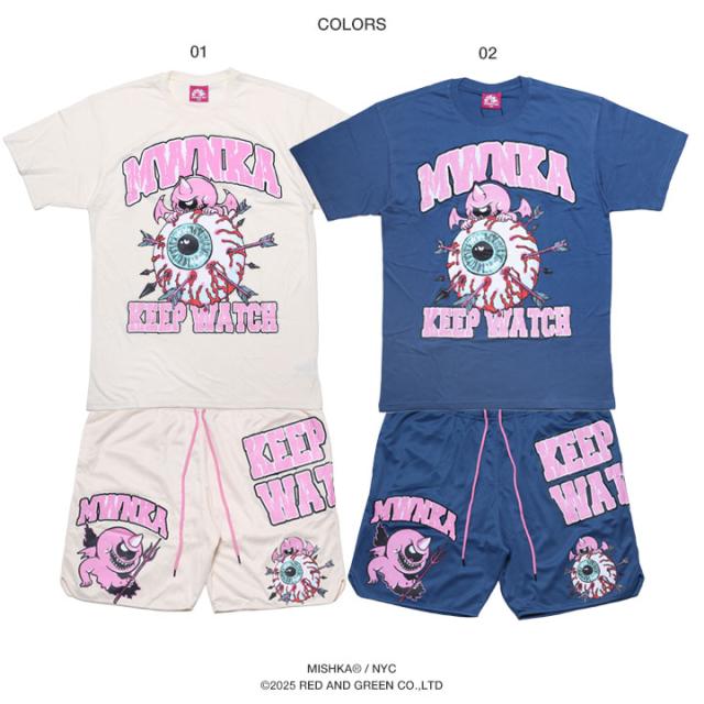 MISHKA 上下セット 半袖 ブランド Tシャツ ハーフパンツ メンズ 春夏用 白 青 大きいサイズ ミシカ セットアップ 派手 総柄 KEEPWATCH キープウォッチ 小悪魔 ビッグシルエット b系 ヒップホップ ファッション ロック ストリート系 ハイ 2025春夏 新作 MSK-144-5 MISHKA 上下セット 半袖 ブランド Tシャツ ハーフパンツ メンズ 春夏用