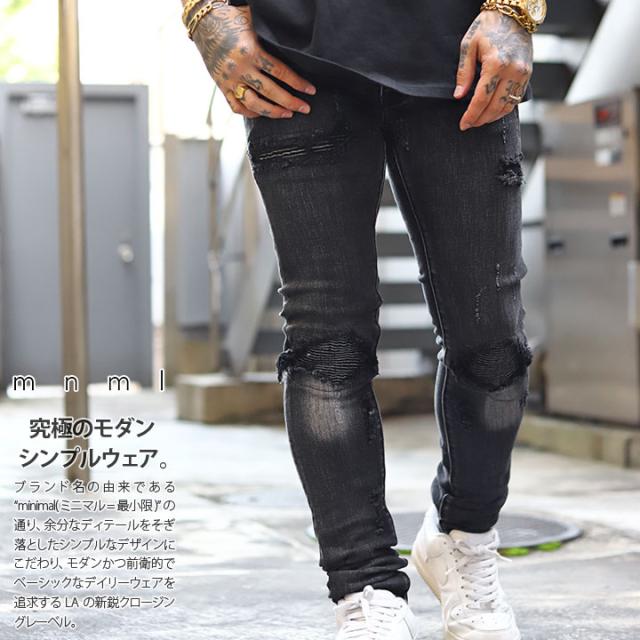 mnml デニム ジーンズ メンズ 春夏秋冬用 黒 ブラック 大きいサイズ ミニマル ジーパン Gパン パンツ スキニー スリム 細身 ストレッチ バイカー シンプル ハイダメージ加工 b系 ヒップホップ ファッション ストリート系 ハイ ブランド 20ML-SP661D