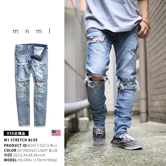 mnml デニム ジーンズ メンズ 春夏秋冬用 インディゴライトブルー 大きいサイズ ミニマル ジーパン Gパン パンツ スリム 細身 ストレッチ おしゃれ 無地 シンプル 裾ファスナー ヒップホップ ファッション ストリート系 ハイ ブランド M2017-D213-BLU_4