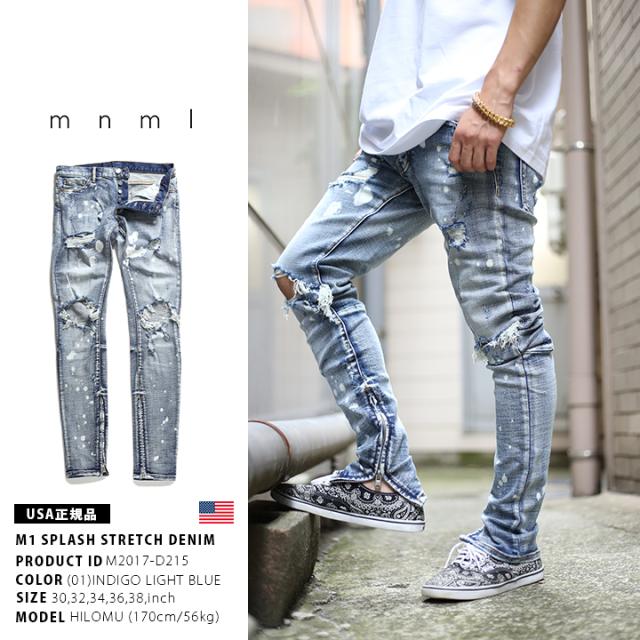 mnml デニム ジーンズ メンズ 春夏秋冬用 インディゴライトブルー 大きいサイズ ミニマル ジーパン Gパン パンツ スリム 細身 ストレッチ おしゃれ 無地 シンプル 裾ファスナー ブリーチ ファッション ストリート系 ハイ ブランド M2017-D215_3