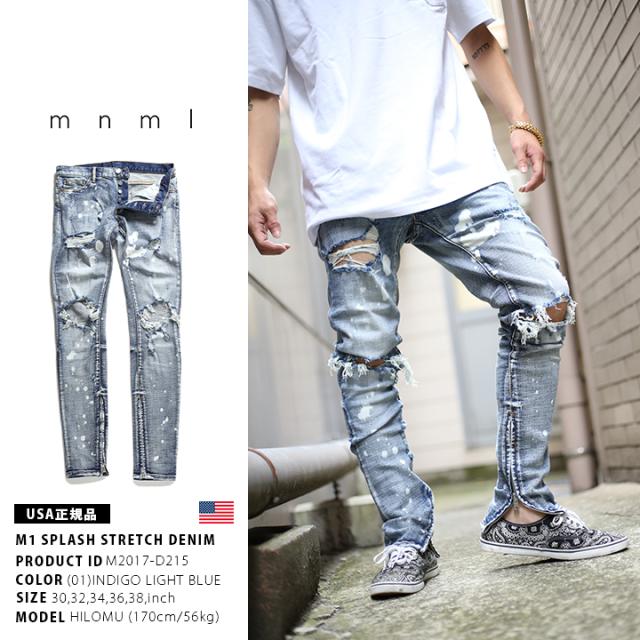 mnml デニム ジーンズ メンズ 春夏秋冬用 インディゴライトブルー 大きいサイズ ミニマル ジーパン Gパン パンツ スリム 細身 ストレッチ おしゃれ 無地 シンプル 裾ファスナー ブリーチ ファッション ストリート系 ハイ ブランド M2017-D215_4
