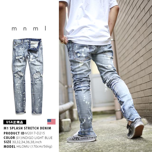 mnml デニム ジーンズ メンズ 春夏秋冬用 インディゴライトブルー 大きいサイズ ミニマル ジーパン Gパン パンツ スリム 細身 ストレッチ おしゃれ 無地 シンプル 裾ファスナー ブリーチ ファッション ストリート系 ハイ ブランド M2017-D215_6