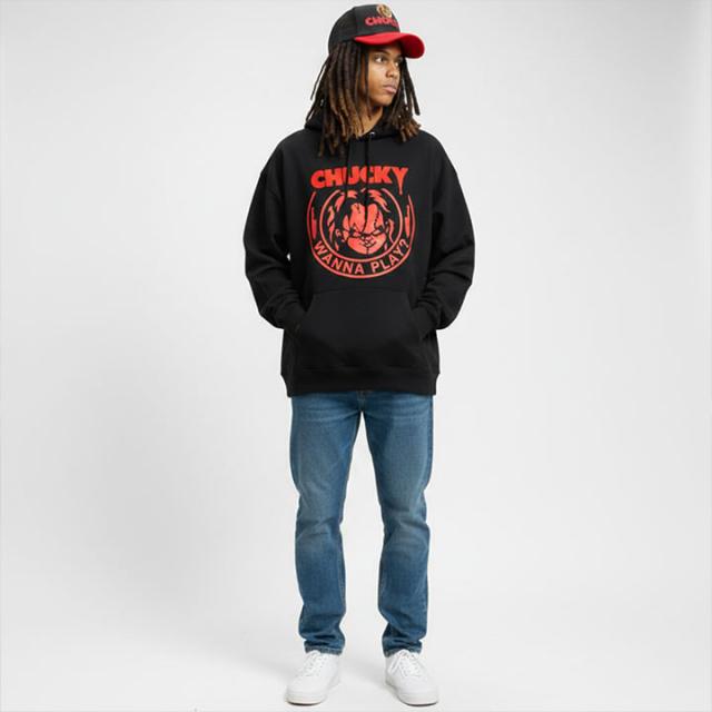 REASON × Chucky パーカー ブランド フーディ 長袖 スウェット メンズ 春秋冬用 黒 大きいサイズ チャッキー Childs Play チャイルド・プレイ 限定 コラボ 公式 リーズン トップス ビッグシルエット b系 ヒップホップ ファッション ストリート系 服 2026春夏 新作 RE5073_5