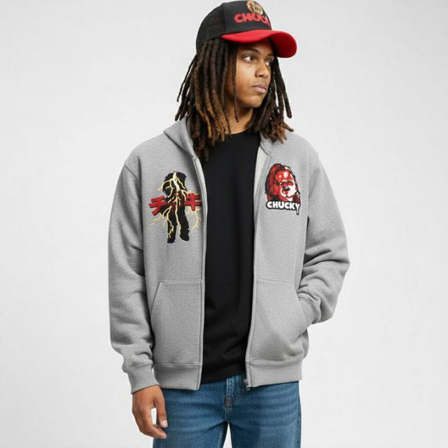 REASON × Chucky パーカー ブランド フーディ 長袖 スウェット ZIPUP メンズ グレー 大きいサイズ チャッキー Childs Play チャイルド・プレイ 限定 コラボ 公式 リーズン トップス ビッグシルエット b系 ヒップホップ ファッション ストリート系 服 2026春夏 新作 RE5011_4