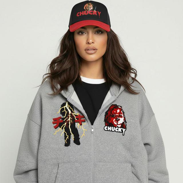 REASON × Chucky パーカー ブランド フーディ 長袖 スウェット ZIPUP メンズ グレー 大きいサイズ チャッキー Childs Play チャイルド・プレイ 限定 コラボ 公式 リーズン トップス ビッグシルエット b系 ヒップホップ ファッション ストリート系 服 2026春夏 新作 RE5011_5