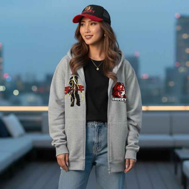 REASON × Chucky パーカー ブランド フーディ 長袖 スウェット ZIPUP メンズ グレー 大きいサイズ チャッキー Childs Play チャイルド・プレイ 限定 コラボ 公式 リーズン トップス ビッグシルエット b系 ヒップホップ ファッション ストリート系 服 2026春夏 新作 RE5011_6