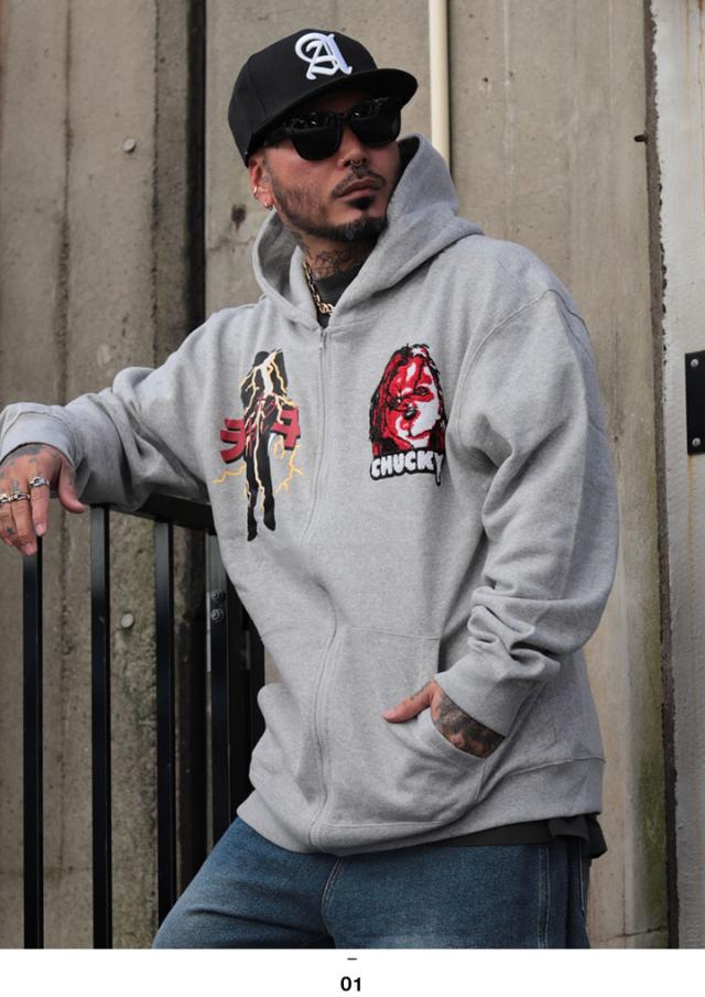 REASON × Chucky パーカー ブランド フーディ 長袖 スウェット ZIPUP メンズ グレー 大きいサイズ チャッキー Childs Play チャイルド・プレイ 限定 コラボ 公式 リーズン トップス ビッグシルエット b系 ヒップホップ ファッション ストリート系 服 2026春夏 新作 RE5011_7