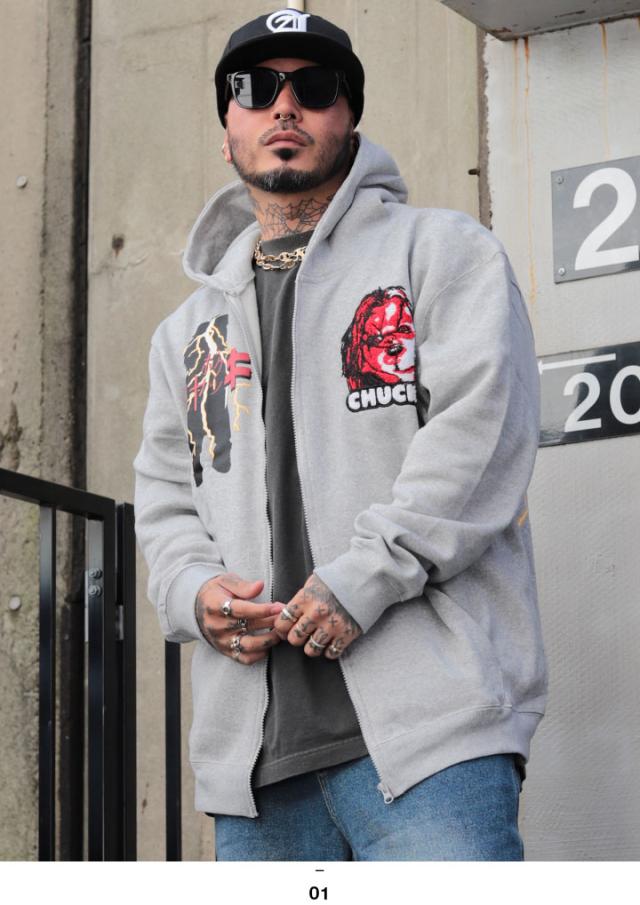 REASON × Chucky パーカー ブランド フーディ 長袖 スウェット ZIPUP メンズ グレー 大きいサイズ チャッキー Childs Play チャイルド・プレイ 限定 コラボ 公式 リーズン トップス ビッグシルエット b系 ヒップホップ ファッション ストリート系 服 2026春夏 新作 RE5011_8