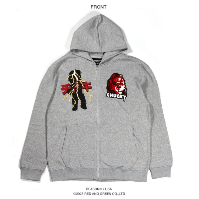 REASON × Chucky パーカー ブランド フーディ 長袖 スウェット ZIPUP メンズ グレー 大きいサイズ チャッキー Childs Play チャイルド・プレイ 限定 コラボ 公式 リーズン トップス ビッグシルエット b系 ヒップホップ ファッション ストリート系 服 2026春夏 新作 RE5011_9
