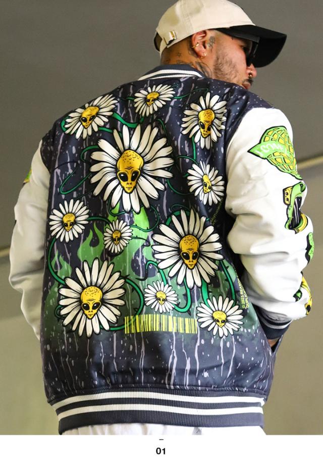 REASON アウター 長袖 スタジャン ブルゾン メンズ 春秋冬用 グレー 大きいサイズ リーズン  防寒着 総柄 エイリアン 宇宙人 UFO 地球儀 スカル 花柄 メッセージ ビッグシルエット b系 ヒップホップ ファッション ストリート系 ハイ ブランド 服 2025秋冬 新作 RER5010 REASON アウター 長袖 スタジャン ブルゾン メンズ 春秋冬用 グレー