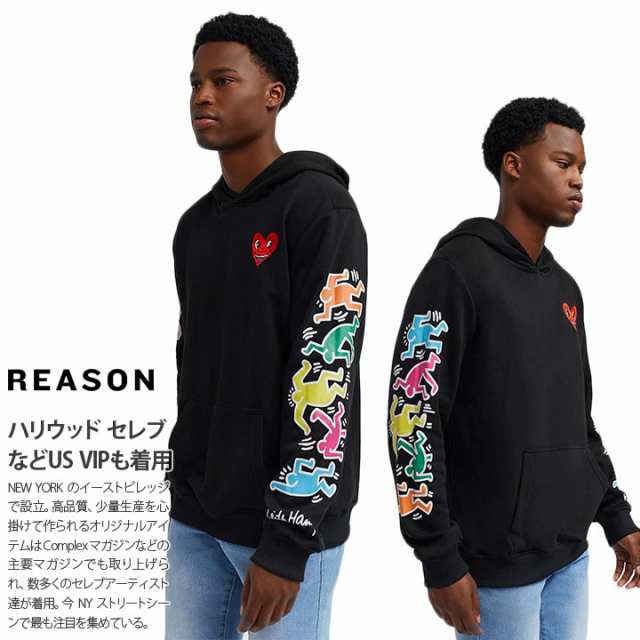 REASON × キースヘリング パーカー ブランド スケボー 長袖 スウェット メンズ 春秋冬用 黒 大きいサイズ Keith Haring 限定  コラボ 公