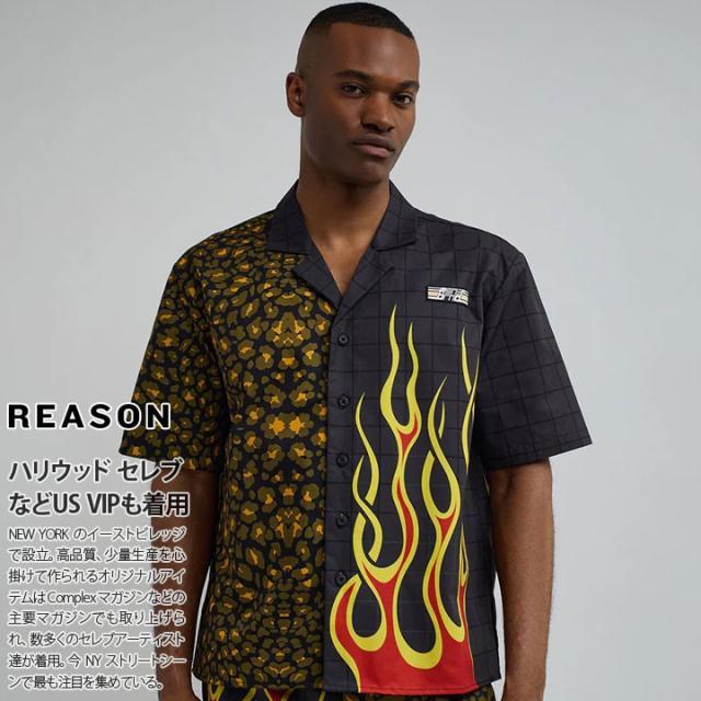REASON 半袖シャツ メンズ 春夏用 黒 大きいサイズ リーズン シャツ 半袖 柄シャツ アロハシャツ 開襟シャツ ファイヤーパターン ヒョウ柄 おしゃれ かっこいい 派手 総柄 ビッグシルエット b系 ヒップホップ ファッション ストリート系 ブランド 服 2025春夏 新作 S531