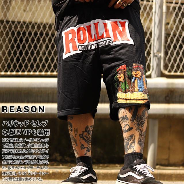 REASON × Cheech & Chong ハーフパンツ バスパン 半ズボン 短パン メンズ 黒 チーチ&チョン チーチョン 限定 コラボ リーズン ジャージ クマ 大麻 マリファナ ベアー 熊 b系 ヒップホップ ファッション ストリート系 ブランド 2025春夏 CC137