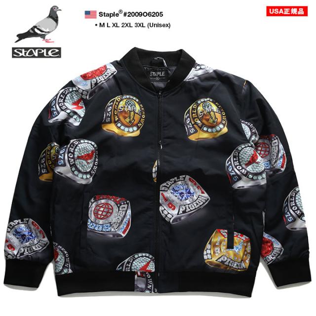 ラスト1点【40%OFF】STAPLE アウター ブルゾン 長袖 メンズ レディース 春秋冬用 ブラック 黒 大きいサイズ ステイプル スタジャン ジャケット ヘヴィーアウター かっこいい おしゃれ チャンピオンリング ロゴ ビッグシルエット 2009O6205