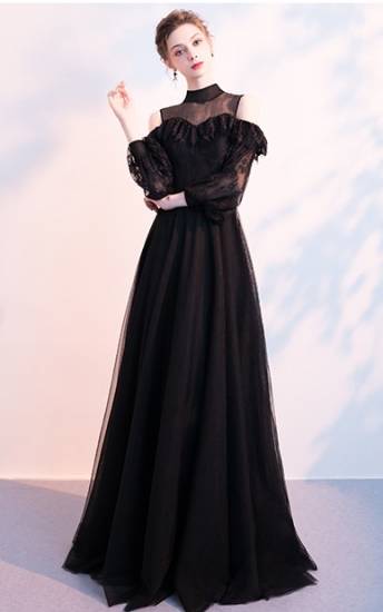 ロングドレス パーティードレス ロング 結婚式 演奏会 フォーマル ゲスト ブラックドレス ロング オフショルダー スタンドカラー 七分袖 の通販はau Pay マーケット Marmelo Sunnyday