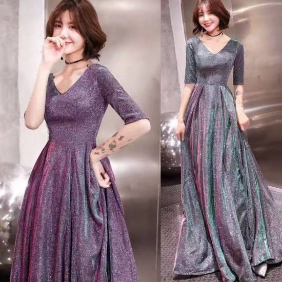 パーティードレス ロング ドレス 演奏会 結婚式 お呼ばれ 二次会 袖あり Vネック Aライン フレア ラメ キラキラ 無地 紫 青 グレー の通販はau Pay マーケット Marmelo Sunnyday