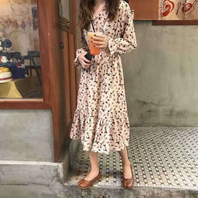 ミモレ丈ワンピース 花柄ワンピース レディース ワンピース ドレス 長袖 レトロ 可愛い 春 秋 韓国 10代 代 30代 40代 Vネック カシュの通販はau Pay マーケット Marmelo Sunnyday