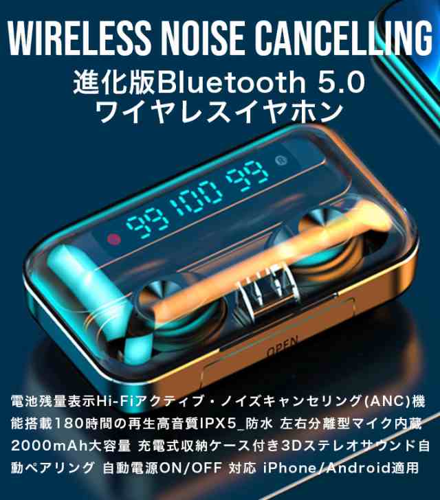 ワイヤレスイヤホン ノイズキャンセリング 機能搭載 Bluetooth 5.0 進化版 電池残量表示 Hi-Fi 180時間 再生高音質  IPX5_防水 左右分離型の通販はau PAY マーケット win-win