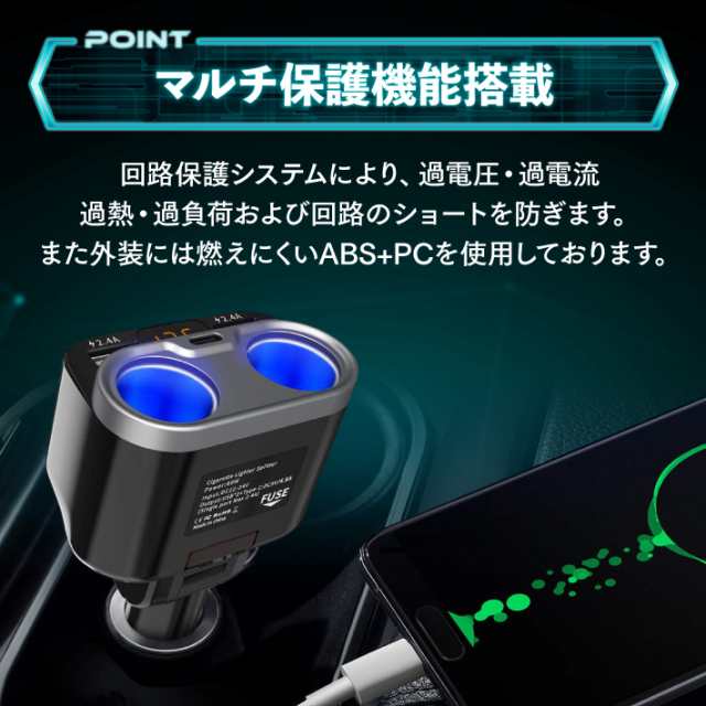 シガーソケット 2連 増設 Usb 車用 ソケット分配器 電圧計 スイッチ付き ダイレクト首振り 電源ソケット 車載充電器 カーチャージャー 12の通販はau Pay マーケット Win Win