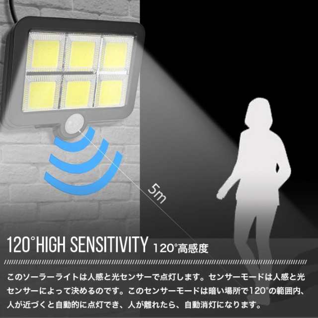 投光器 ソーラーセンサーライト 屋外 120 COB LED 高輝度人感センサー 1400ルーメン太陽光充電