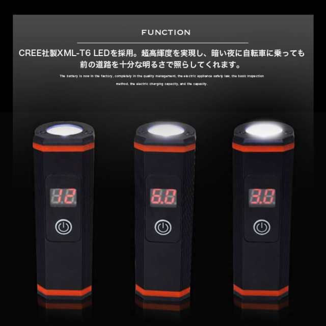 進化版 赤数字　自転車 ライト T6 LED アルミ製 点灯可能時間表示 ヘッドライト 400ルーメン5モード サイクルライ　USB充電