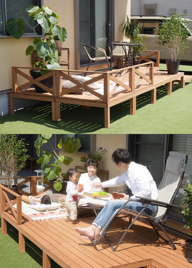 ウッドデッキ デッキ単品 0.25坪 90×90cm おしゃれ diy 天然木 正方形 パーツ ウッドテラス カフェ風 デッキ 木製 縁台 エクステリア 縁側 ガーデン ガーデニング 木製縁台 テラス 組み合わせ ホワイト 白 フレンチ シャビ— ダークブラウン ヨーロッパ風 翌日配送_3