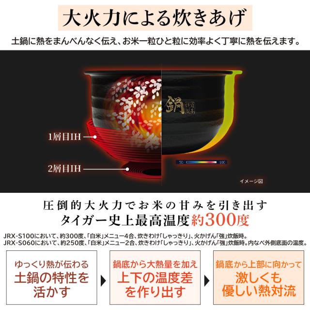 TIGER 土鍋圧力IHジャー炊飯器 JRX-S060 3.5合 日本製 本土鍋 5年保証 0.63L 予約機能 少量炊飯 洗いやすい 炊き分け タイガー