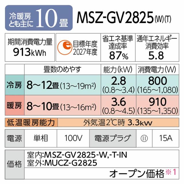 2025年製 三菱 エアコン 霧ヶ峰 10畳用 2.8kw MSZ-GV2825-W 壁掛 ルームエアコン ピュアホワイト